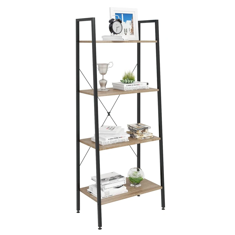 Home Living room kitchen metal and wood Shelf Unit Shelving Storage 4 Tiers ladder Shelves Bookcase display Storage Rack Wooden