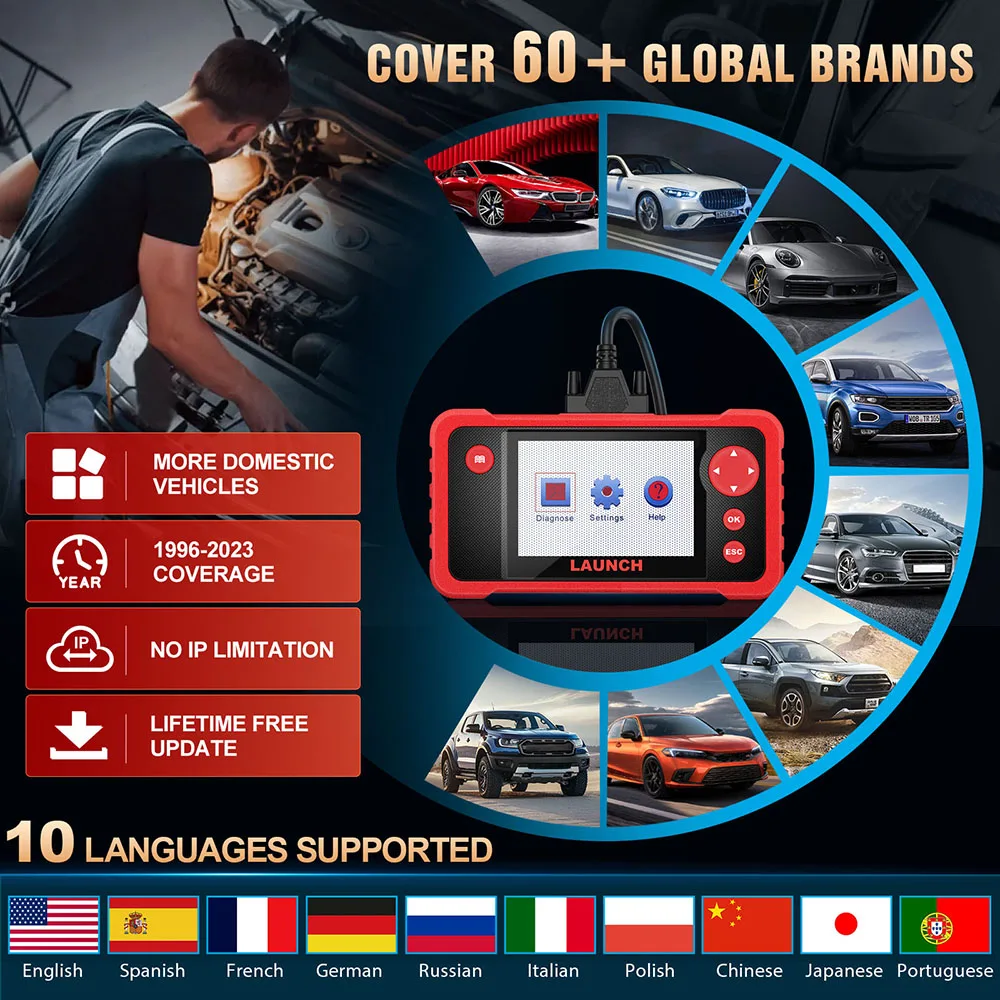 Launch CRP123 V2.0 PLUS 2024 New Full System Diagnostic Tool Machine for 12V Cars OBD2 Code Reader with 3 Reset Lifetime Free