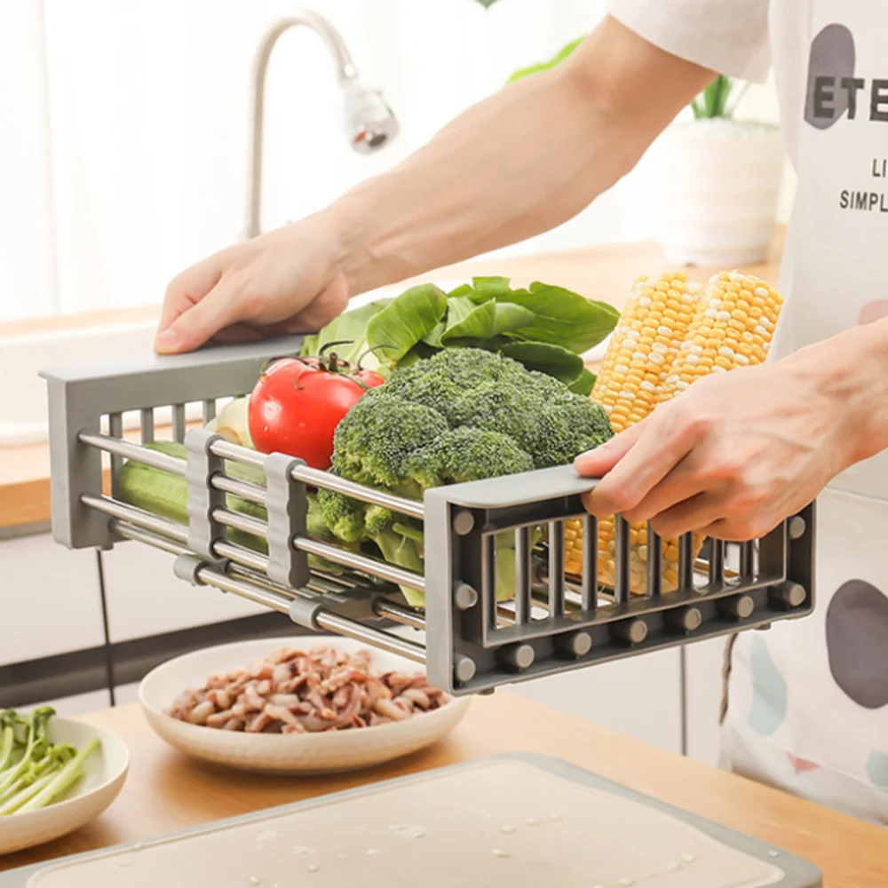 Multifunctional practical drain basket fruit and vegetable retractable kitchen stainless steel sink drain basket