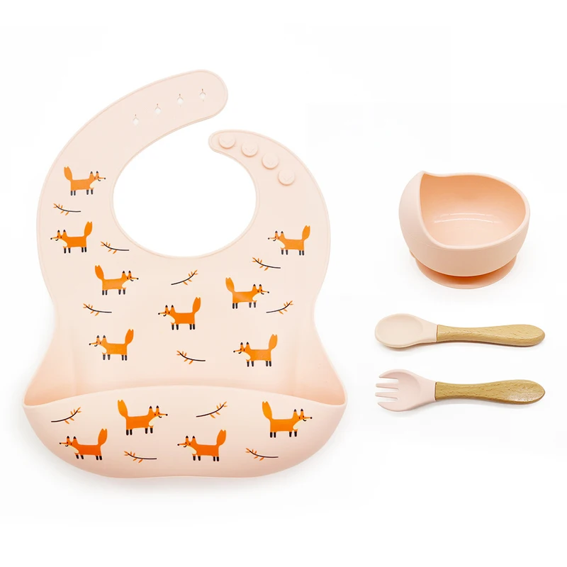 
Eco Friendly Safe food grade Silicone Baby Bib suction bowl set with silicone spoon 