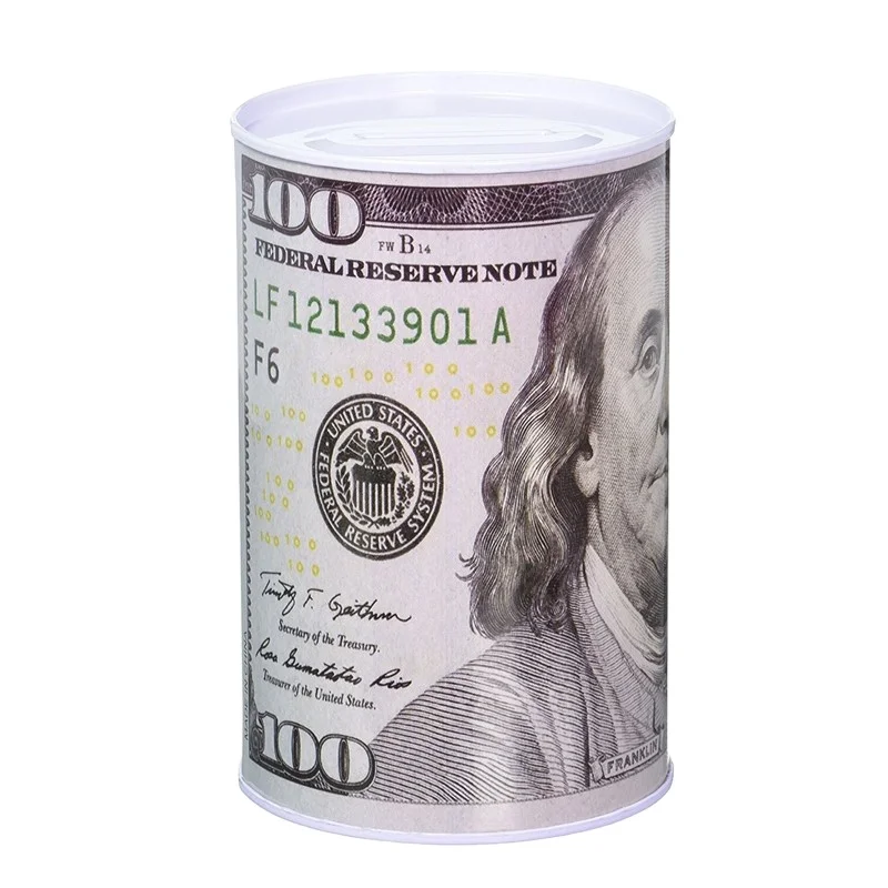 Popular Custom Money Coin Tin Box with $100 Design Dollar General Piggy Bank tin coin  English pound Euro piggy bank