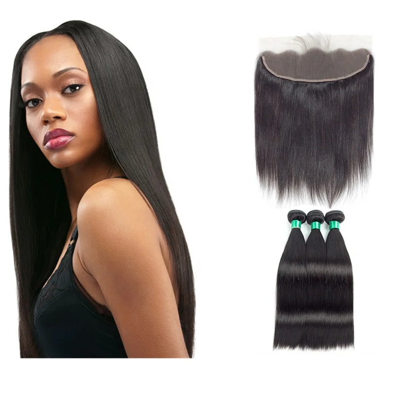 16inch Straight Hair 3Bundles With 1 Lace Closure Set Virgin Brazilian Human Hair Weave Bundle With Swiss Lace Frontal Vendor