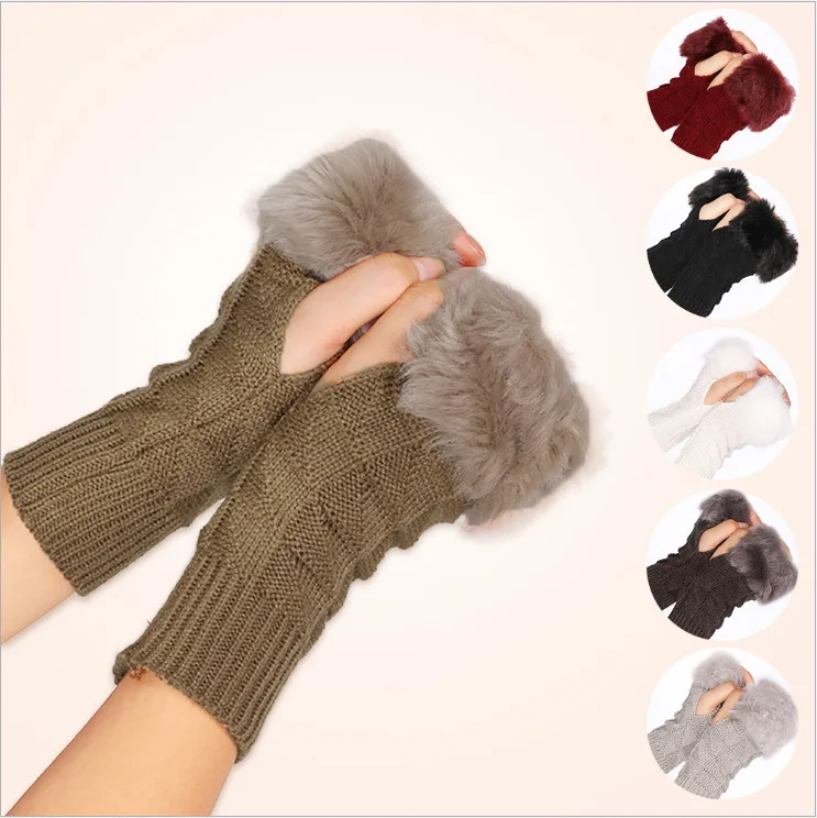 New Korean version of autumn and winter knitted warm fur half-finger gloves