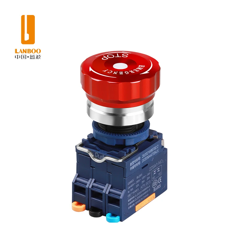LANBOO Waterproof Quick-plug Plastic Big Head Emergency Stop Button Switch With Indicator Light Red Green Yellow