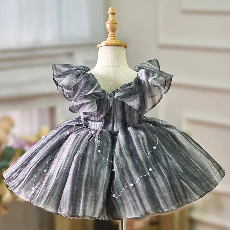 2025 Newest High Grade Princess Grey Elegant Birthday Dress Kids Pearl Prom Gown Children Piano Performance Costume Dresses