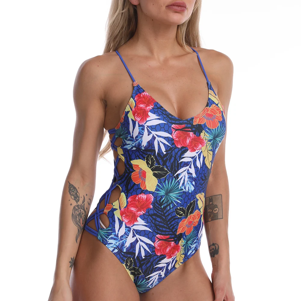 
One Piece High Leg Print Swimsuit Women Criss Cross Exotic Swimwear 2021 V Neck Swimming Suits Females Women Thong Bathing Suit 