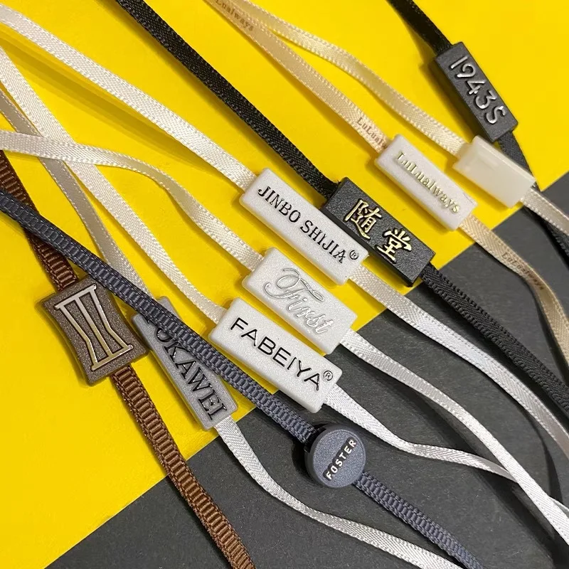 ST08 Clothing Metal Snap Lock Seal Tags Supplier Custom Debossed Brand Name Logo Rectangle Hang Tag Ribbon Strings for Garment