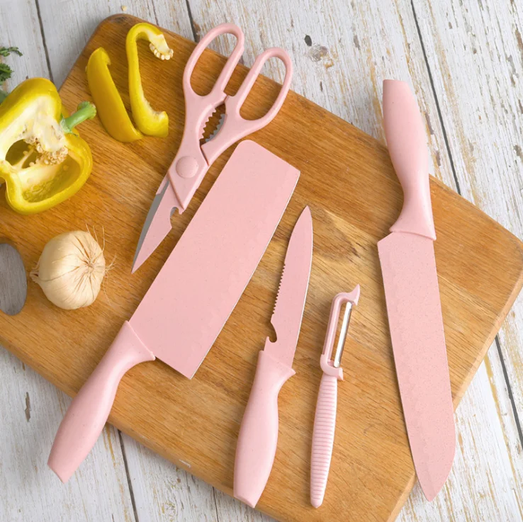 Wheat straw set of six sets of non-stick paint baby auxiliary stainless steel kitchen knife kitchen knife gift knives