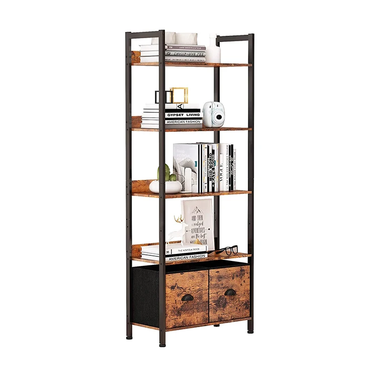 5 Tier Book Shelf Wooden Bookshelf Rustic Bookshelves Living Room Wood and Metal Storage Shelf with 2 Storage Drawers