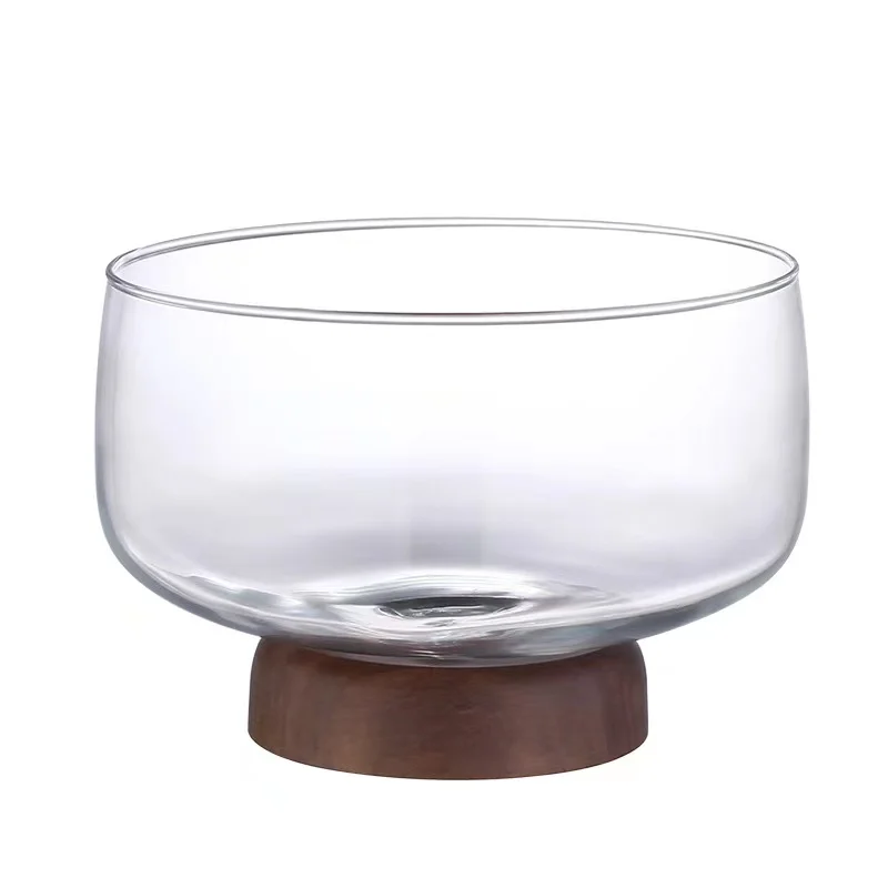 DiYue Large Glass Salad Bowl with Acacia Wood Pedestal, Footed Bowls for Fruit or Baked Goods, Crystal Bowl