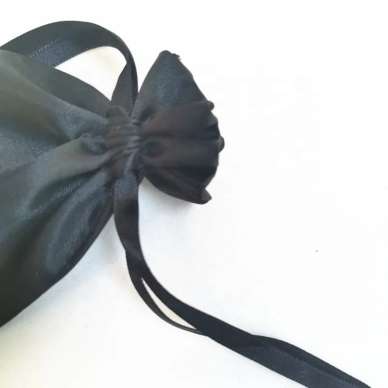 Promotional Custom Logo Black  Satin Drawstring Bag Jewelry Gems Pouch