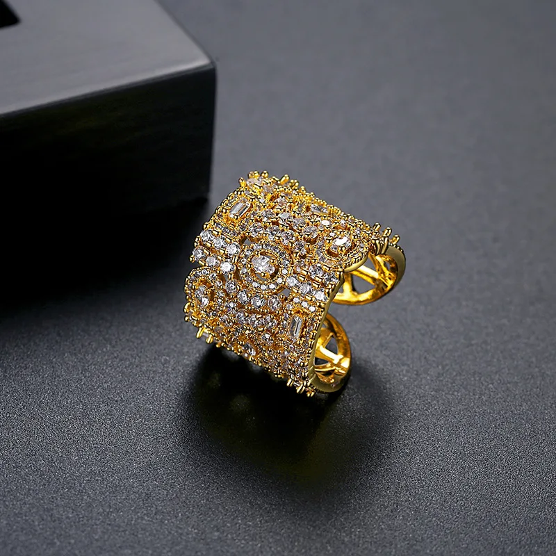 Fashionable Most Popular 18K Brass Elegant Engagement Platinum Plated Boho Style Zircon Ring Hollow Geometric Open Pattern Ring