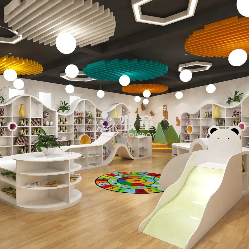 Hot Sale Children Library Furniture Wooden Bookshelf for Child Care Center
