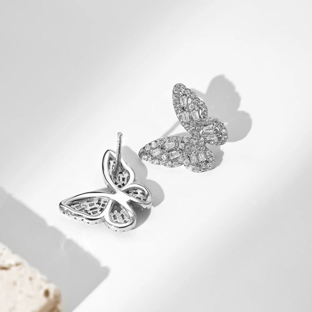 Dylam Stylish Tine Design 925 Sterling Silver Rhodium Plated 5A Cubic Zirconia Diamond Butterfly Shape Stud Earrings for Women