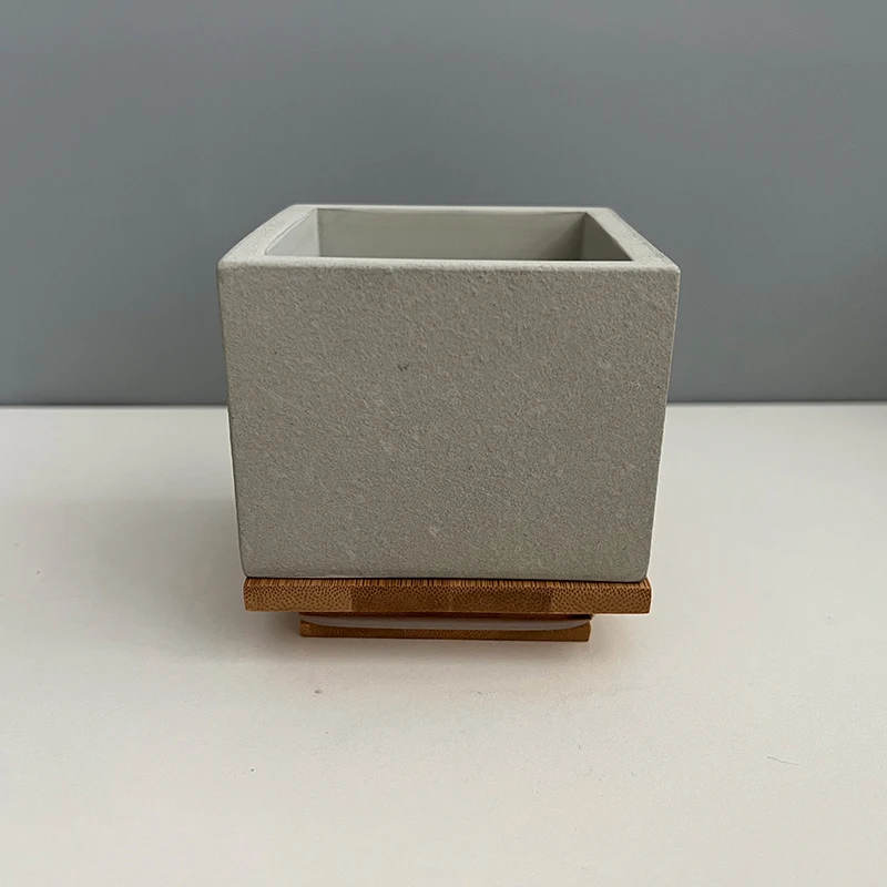 Square Matte Concrete Candle Vessel with Sealed Bamboo Lid