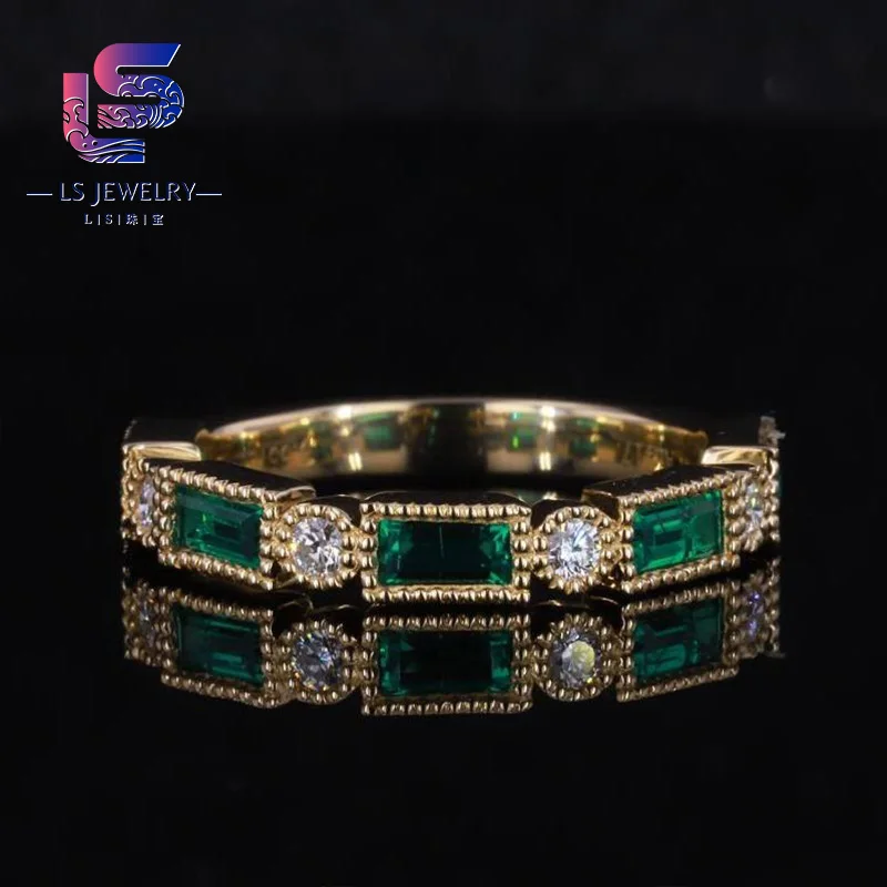 Fine Jewelry Rings 9k Solid Pure Gold Lab Grown Diamond With Emerald Eternity Ring