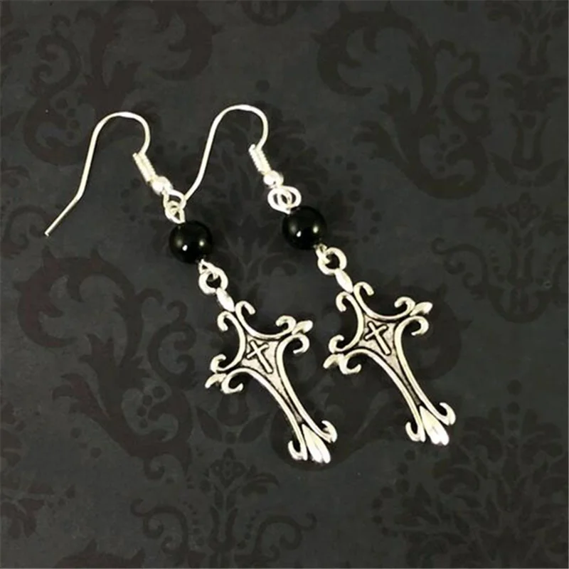 Enigmatic Gothic Cross Earrings: Black Onyx Accents for Trad Goth Style - Unleash the Spooky Charm of Gothic Jewelry