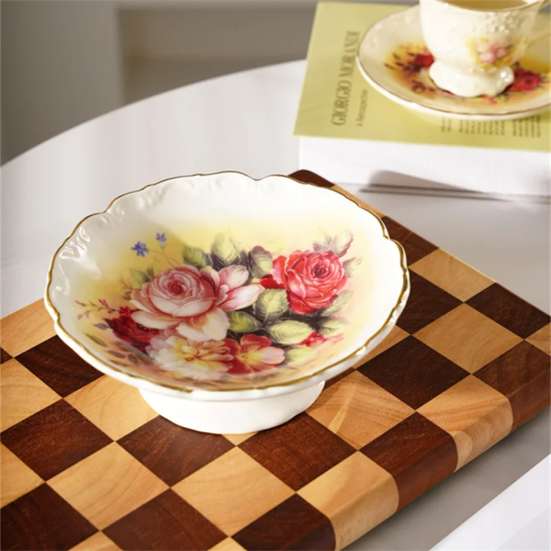European style embossment gold rim dry fruit seving plate cake refreshments fruit dish luxury rose pattern white compote