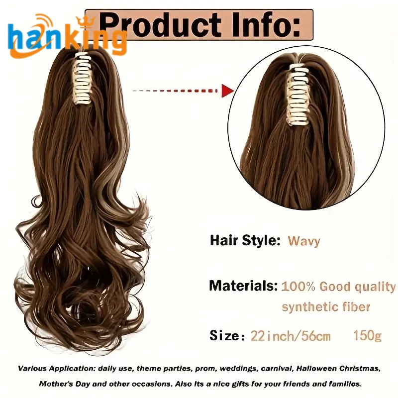 Ehanking Women Long Wavy Ponytail Extensions 22 Inch Tail Claw Clip Synthetic Pony Hairpiece Ladies Natural Wig
