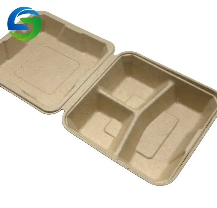 8*8 inch Green Olive 3 compartment divided food container lunch box  disposable biodegradable bagasse sugarcane container