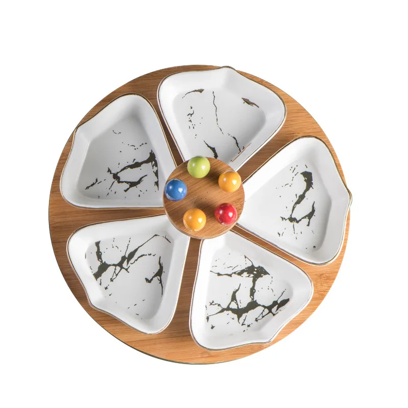 Ceramic marble fruit plate with bamboo and wood base pins snack plate for dried fruit and nuts