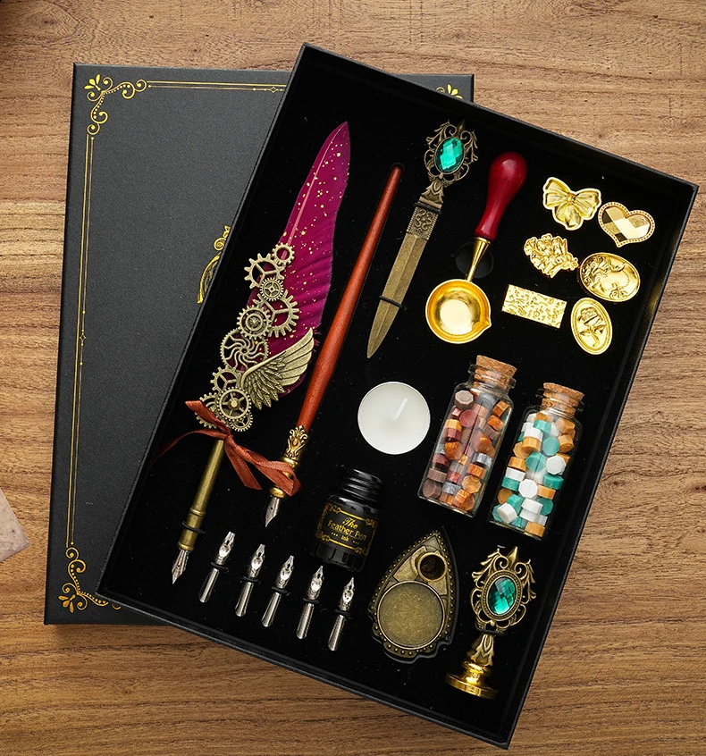 European Feather Pen Set with Ink English Vintage Dip Feather Pen Wholesale Fire Paint Stamp Student Dip Pen