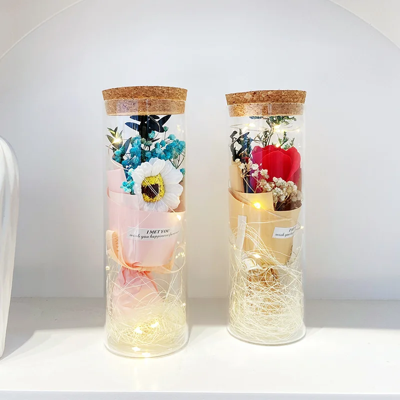 Preserved Flowers Real Eternal Roses Gypsophila Dried Flower Sunflower Rose Bouquet Decoration Preserved Flowers in Dome