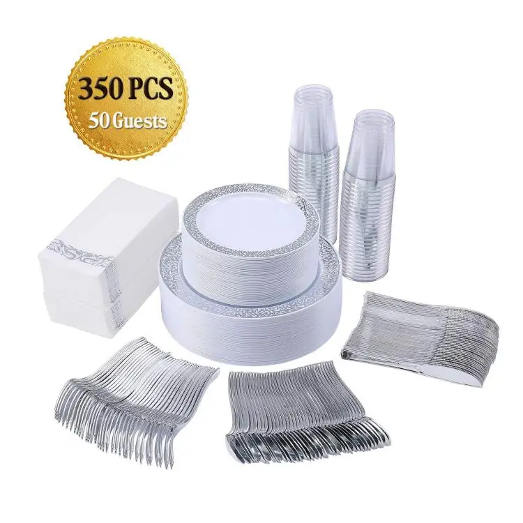 350 pieces Disposable Silver Lace Design Dinnerware Set 50 Guest for Party
