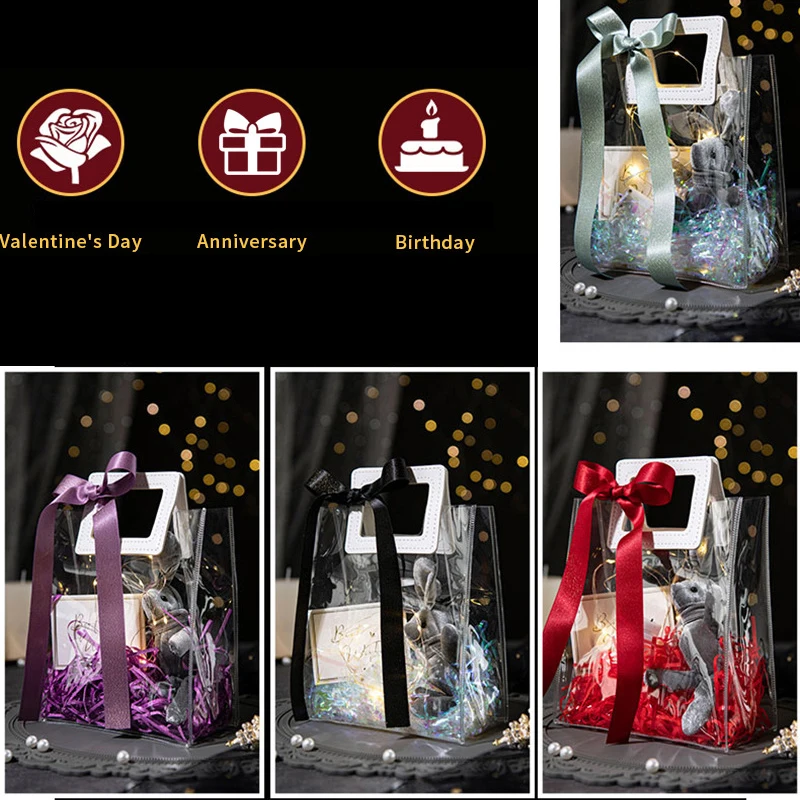 Customized logo Reusable Waterproof PVC Clear Transparent Tote Bag Gift Bag Packaging Shopping Tote Bag  with Leather Handle