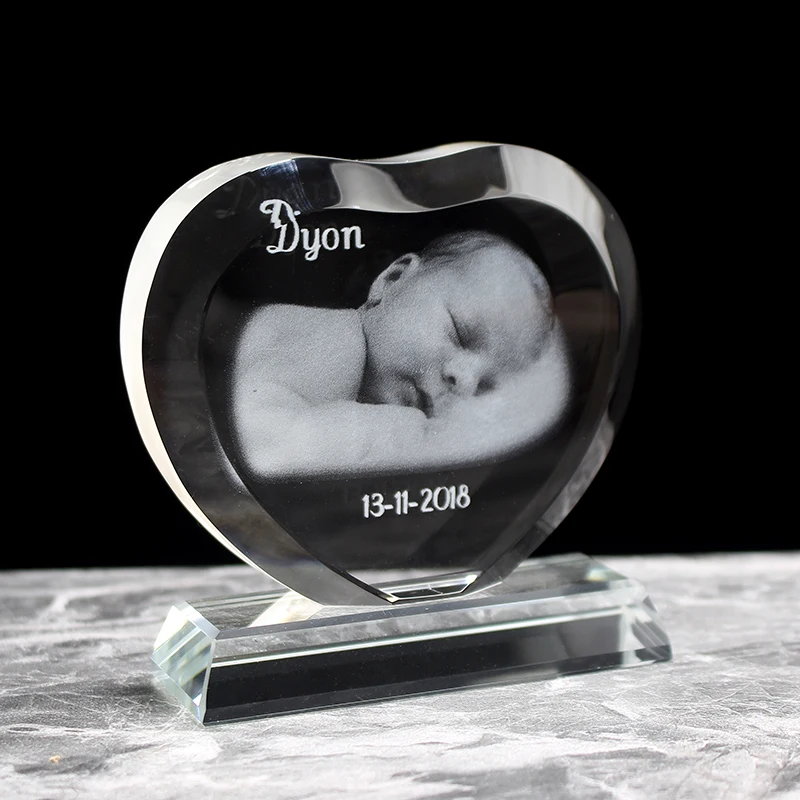 HDW factory hot sale k9 Heart shaped crystal glass photo frame custom color printing crystal photo frame for wedding gifts