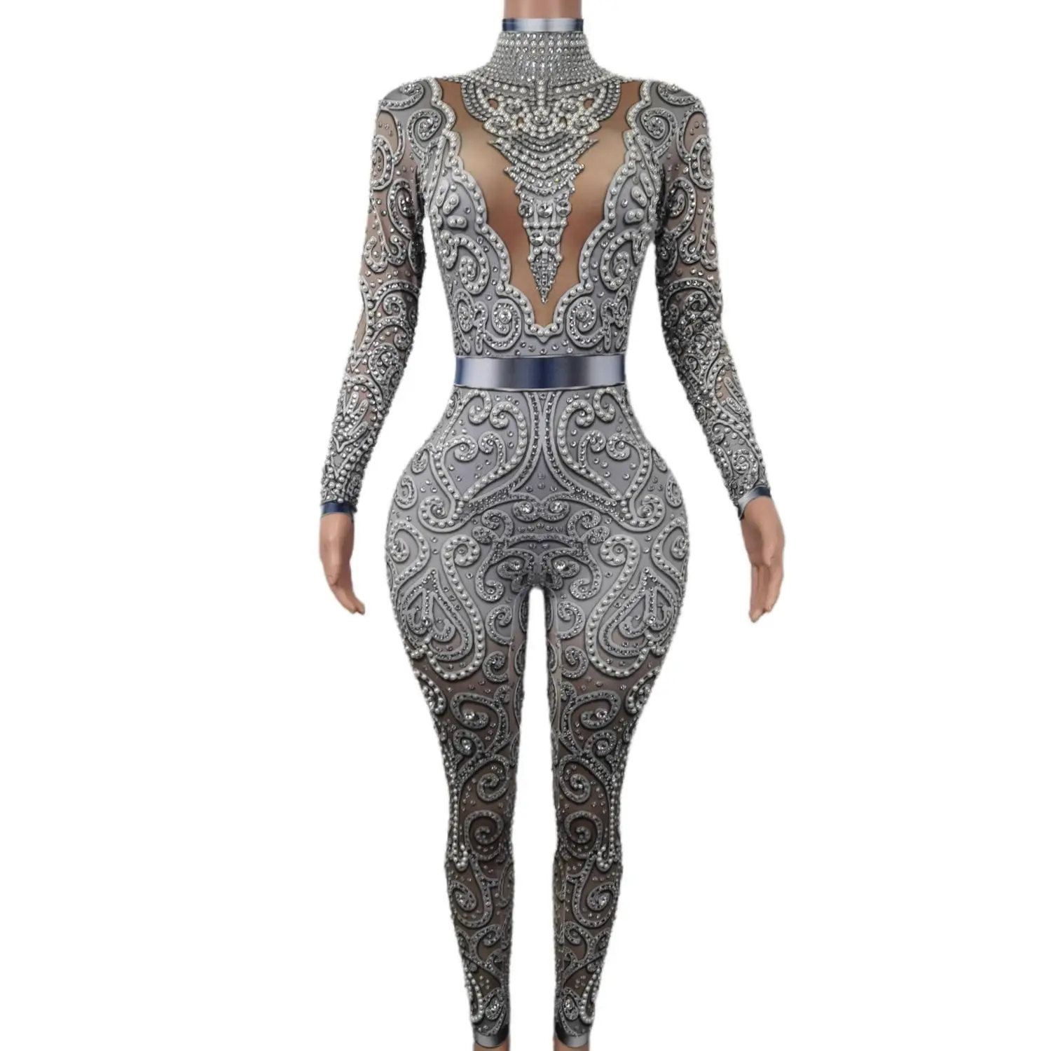 Gold Diamond Pearls Bodysuits Party Club Rompers Rave Festival Outfit Performance Dancer Costume Women Sexy Rhinestone Jumpsuits