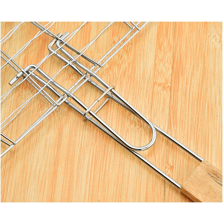 Barbecue tool thicken double fish barbecue mesh grill basket BBQ rack barbecue clip for fishes wooden handle