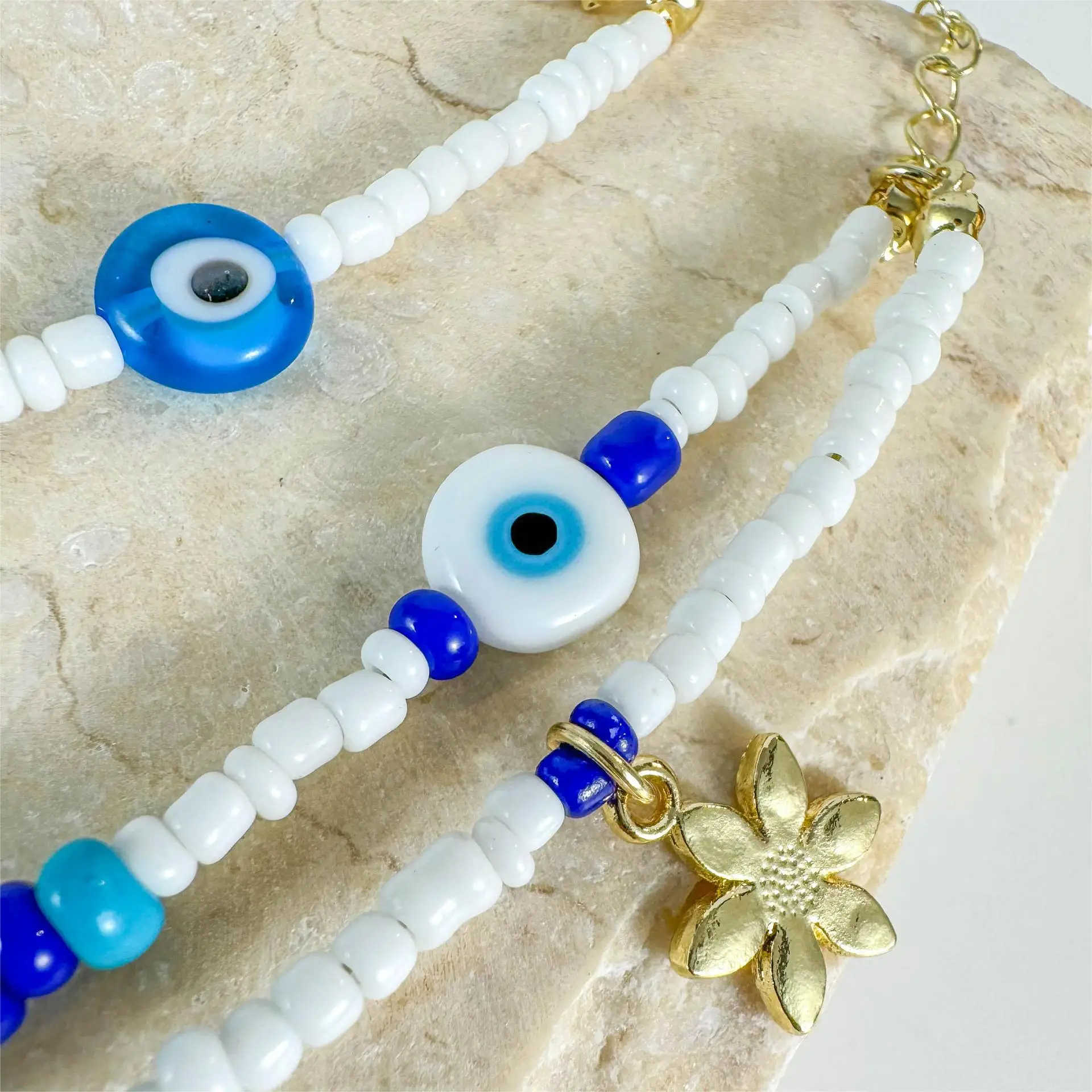 Unisex Bohemian Retro Three-Piece Gold Plated Alloy Bracelet Set Devil Eye Beaded Leaf Butterfly with Opal Beach Fashion Jewelry