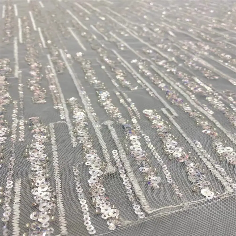 fancy flower embroidery fabric with sequins, high-end white lace fabric for wedding bridal dress