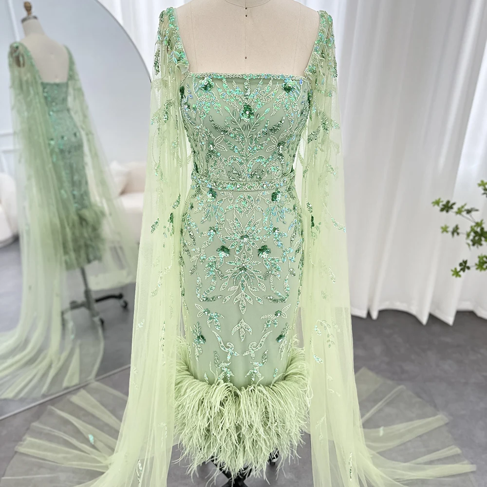 Scz025-2 Dubai Luxury Feathers Lilac Evening Dress With Cape Sleeves Ankle Length Midi Arabic Women Wedding Party Gowns