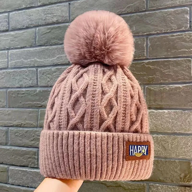 Best seller Korean version new artistic warm woolen fashion simple ball knitted beanie hats rabbit fur winter hats with pompom