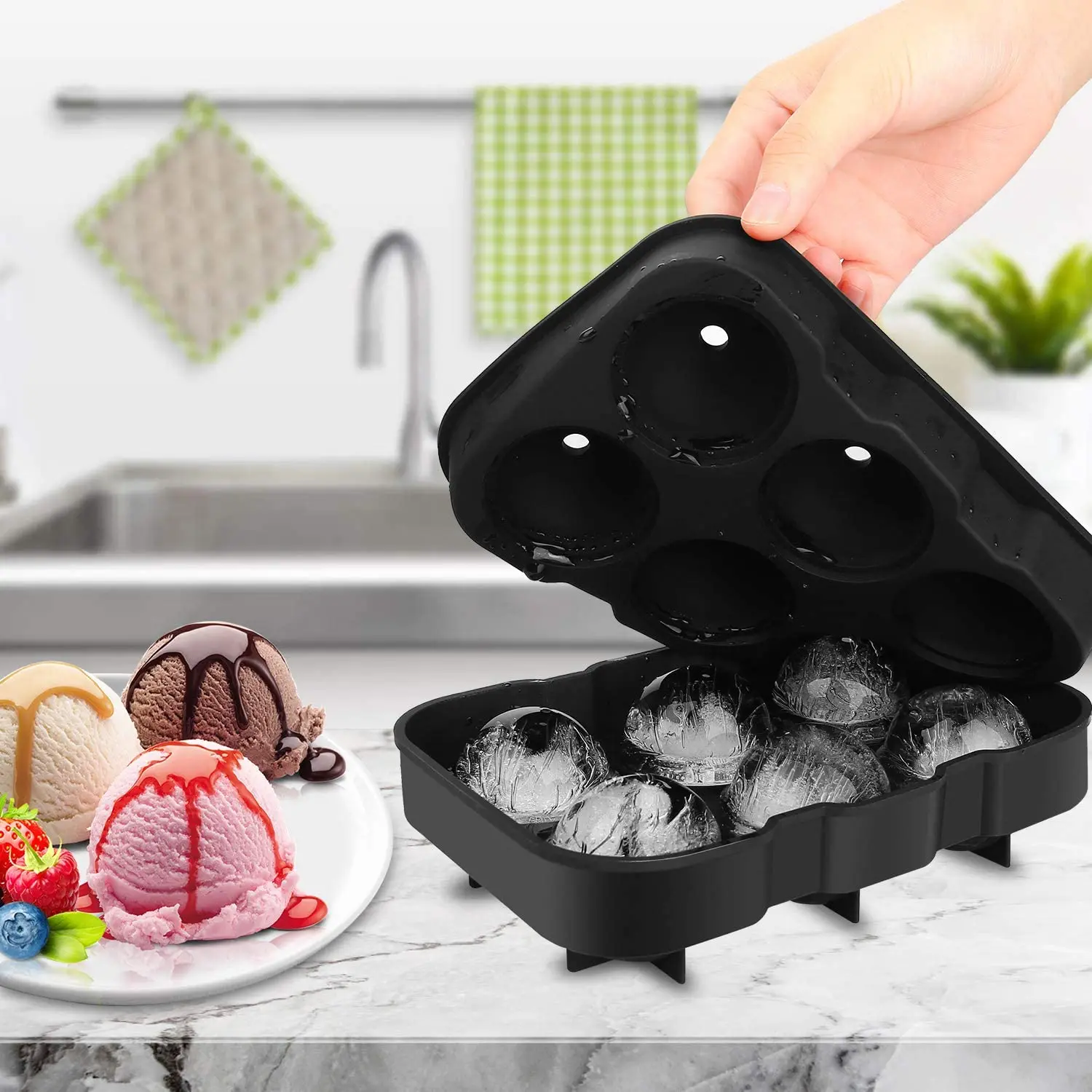 BPA free Reusable Whiskey Mould Easy Release Silicone Tray Sphere Ice Ball Maker with Lid (8 Round)