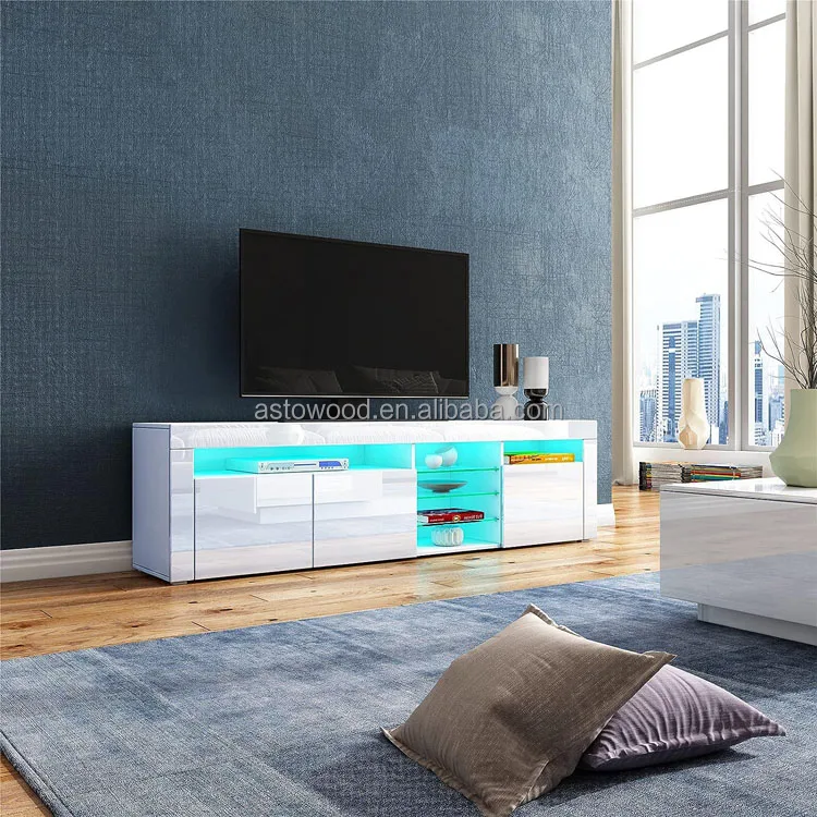 White High Gloss TV Unit with LED Lights 180CM Unit for Living Room, 3 Doors and 7 Open Shelves, Home Furniture