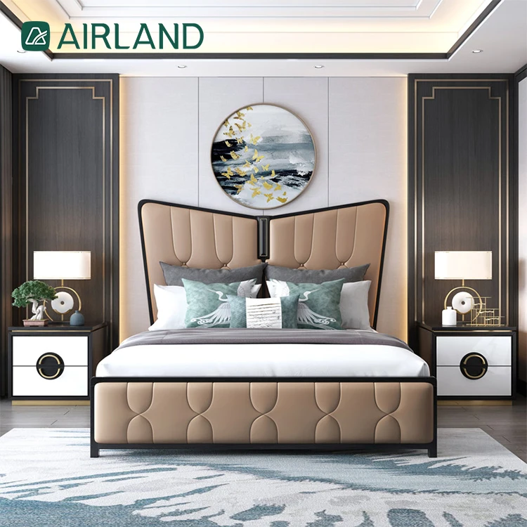 Simple bed frame comfortable modern bedroom furniture soft genuine leather double bed