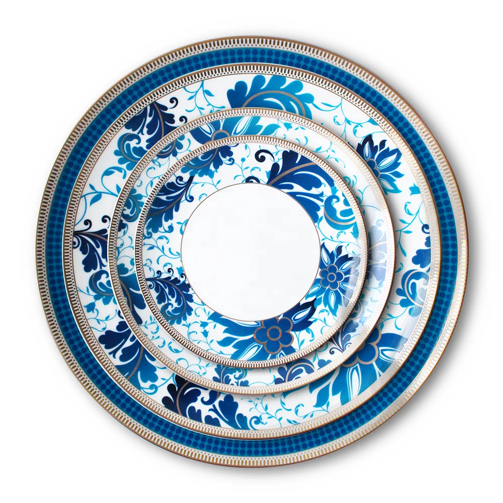 New Design luxury ceramic dinnerware wedding dinner sets bone China plate set blue flower porcelain dinner set