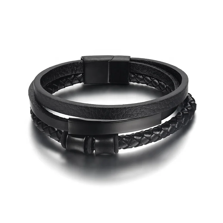 High Quality braided Wristband custom Leather Bracelets Weave magnetic clasps hand chain For Men