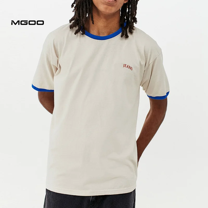 MGOO Standard Fit Cotton Short Sleeve Custom Embroidery Chest Logo Cream And Blue Ringer Tee