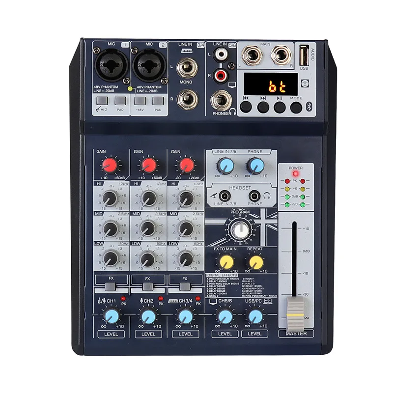 Amazon Hot Selling PRO Audio DJ Music Equipment 6CH Mini Audio Mixer for Live Streaming with USB