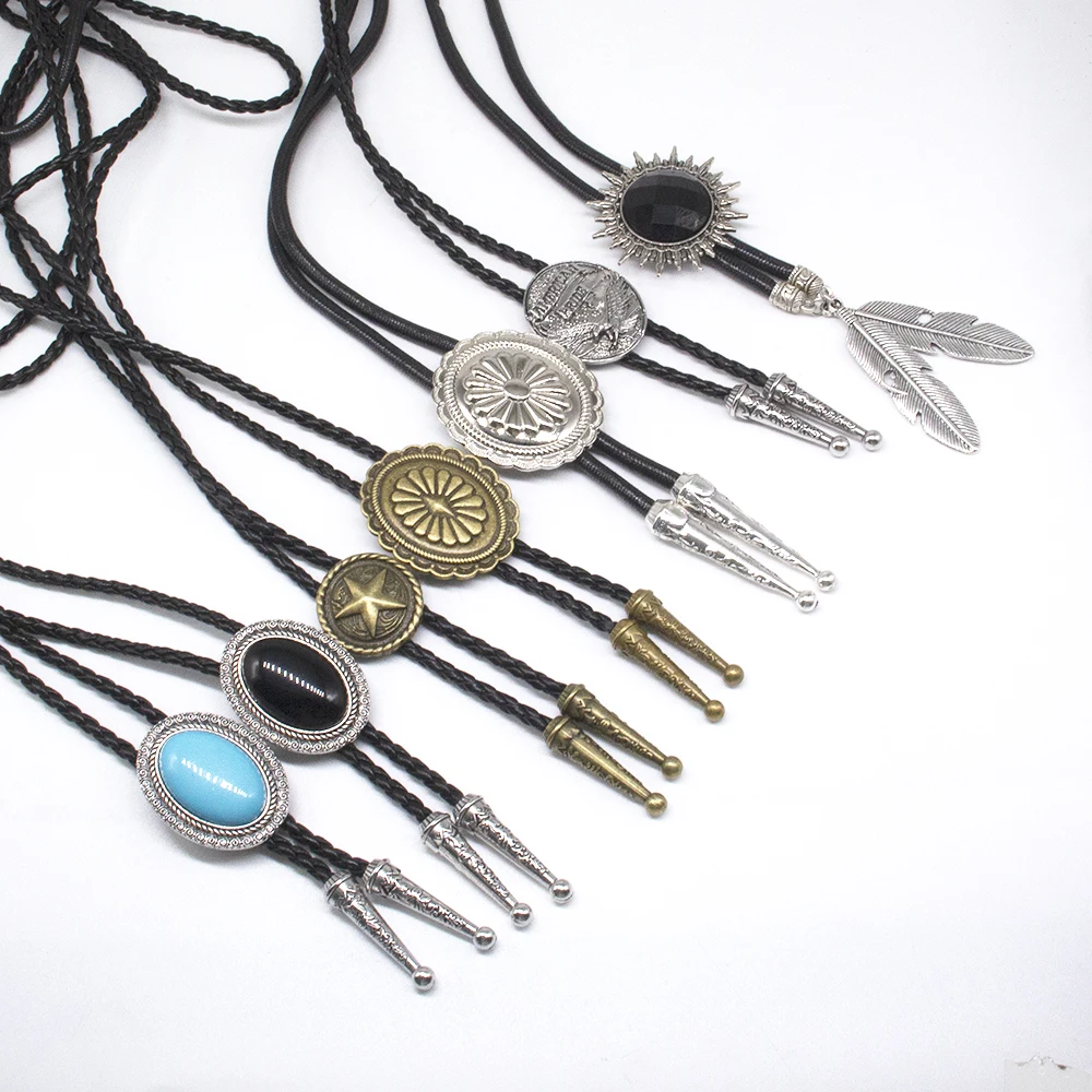 Bolo Ties Wholesale Turquoise Jewelry Western Cowboy Necktie Celtic Oval Nature Agate Leather Rope Bolo Tie For Man