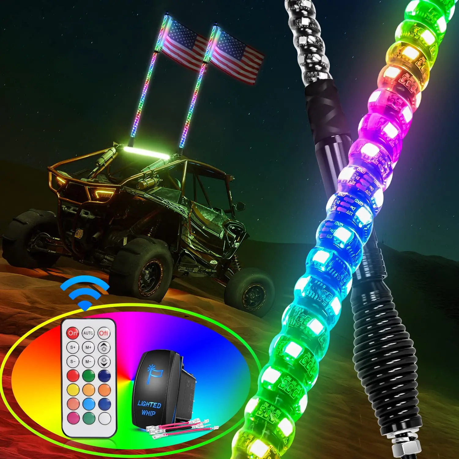 4FT Spiral RGB Led Whip Light with Spring Base Chasing Light RF Remote Control Lighted Antenna Whips for ATV UTV RZR Polaris