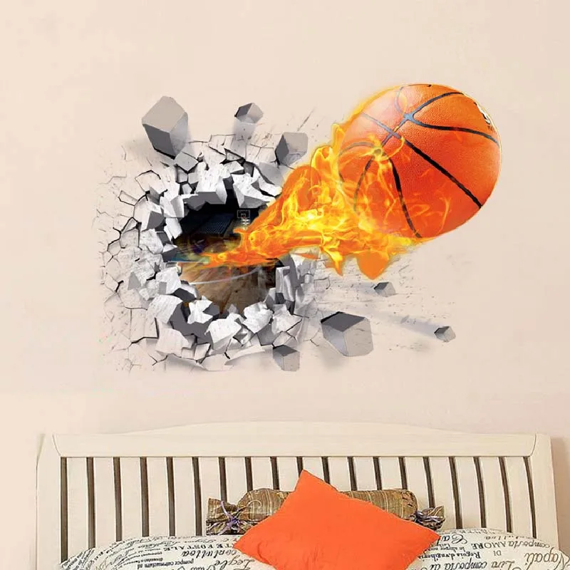 BSCI Certificate Basketball Kids Room Decoration  3D Home Wall Vinyl Sticker 3d Broken Wall Basketball PVC Wall Stickers