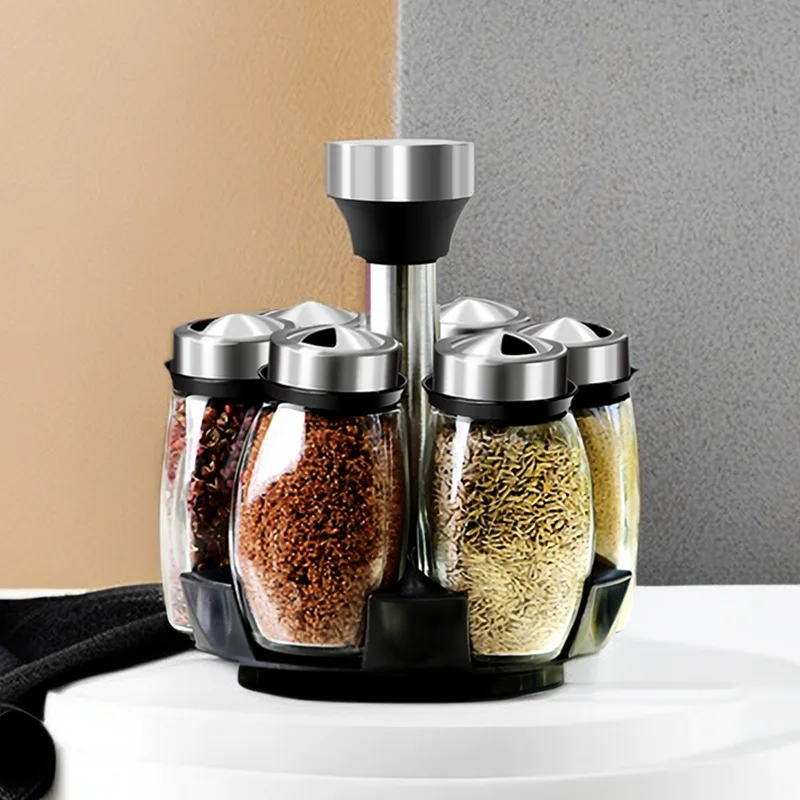1/7pcs Spice Jar Set Rack Glass Organizer Rotating Glass Seasoning Sugar Pepper Bottles Salt Shakers Holder Kitchen Storage Rack