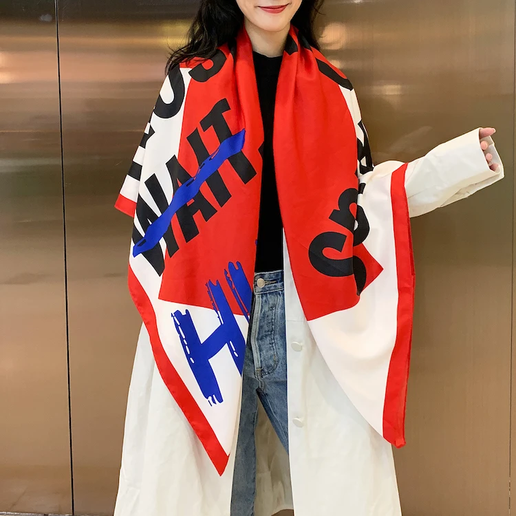 
English words printed 130cm square silk tourist lady girl women gift giving present shawl scarf for all season 
