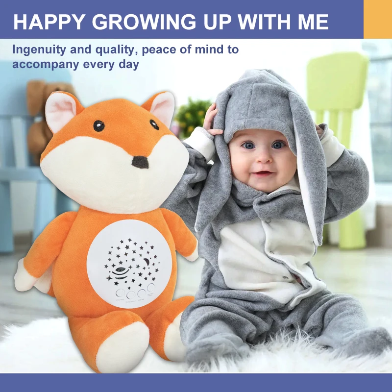 Stuffed Toys Fox Baby White Noise Dolls With Projector Night Light Musical Soft Soothing Toy Sleeping Baby Doll