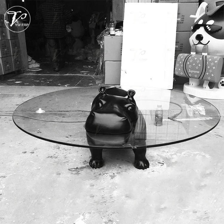 Creative fiberglass hippo animal statue shape coffee table with round glass table tops